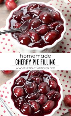 homemade cherry pie filling in a white bowl with cherries on the side and text overlay reading homemade cherry pie filling