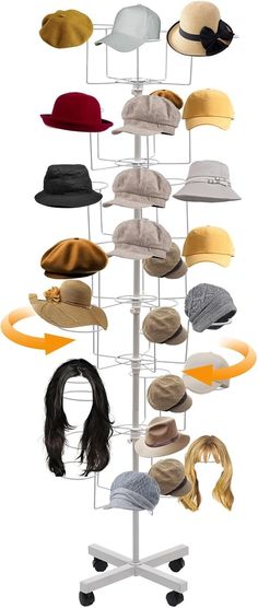 a hat rack with many hats hanging on it's sides and two rows of different colors