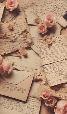 old letters and pink roses are scattered on top of each other