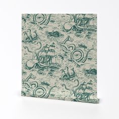 a green and white wallpaper with an image of ships, octopuses and other animals