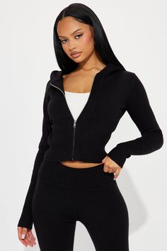 Available In Black, Heather Grey, Light Blue, And Pink. Sweater Pant Set Jacket Hoodie Zipper Closure Wide Leg Pant Buckle Detail Elastic Waistband Stretch 50% Acrylic 29% Polyester 21% Nylon Imported | Lana Sweater Pant Set in Black size Medium by Fashion Nova Fashion Nova Aesthetic, Cute Black Loungewear Sets, Fashion Nova Finds, Black Long Sleeve Winter Sets, Black Fitted Long Sleeve Sets, 90s Brunette, Knit Set Outfit, Black Long Sleeve Cropped Cable Knit Sweater, Black Ribbed Long Sleeve Cropped Sweater