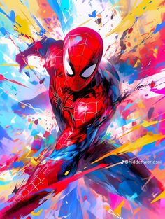 the amazing spider - man is depicted in this colorful painting