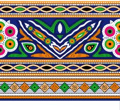 a colorful pattern with flowers and leaves on the border is shown in blue, green, orange