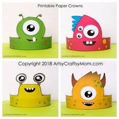 four different paper crowns with monsters on them