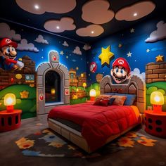 a bedroom with mario and luigi themed walls