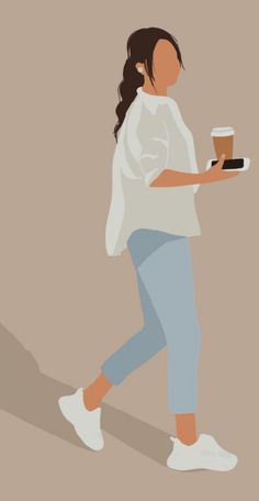 a woman walking while holding a cup of coffee and a cell phone in her hand