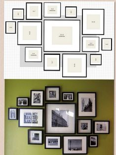 a collage of photos hanging on the wall and below them is an arrangement of black and white frames