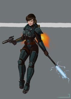 Star Wars Mandalorian bounty hunter, wielding her blaster pistol and shock staff. Star Wars Bounty Hunter Oc, Cathar Star Wars, Bounty Hunter Oc, Mandalorian Clans, Starfinder Characters, Cyberpunk Inspiration, Star Wars Bounty Hunter, Star Wars Spaceships