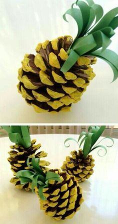 pine cones with green leaves on them are ready to be used as decorations or centerpieces