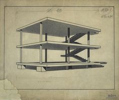 an old drawing of a building with stairs on it's sides and two levels