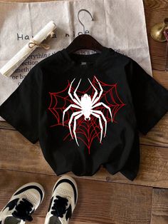 Loose-Fit Spider Printed Round Neck Short Sleeve Women's T-Shirt, Summer Black Casual  Short Sleeve Knitted Fabric Animal  Slight Stretch Summer Women Clothing, size features are:Bust: ,Length: ,Sleeve Length: Spider Clothes, Spiderman Clothes, Shirt Ideas Vinyl, Shein Shirts, Spiderman Girl, Spiderman Outfit, Spiderman Shirt, Outfits Y2k, Shirt Print Design