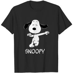 a black shirt with a cartoon dog holding a bone in it's mouth that says snoopy