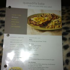 the menu for quesadilla bake is shown here