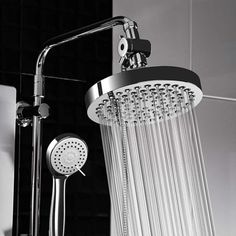 a shower head with the water flowing from it