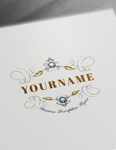 a white and gold logo with the words your name on it is placed in front of a