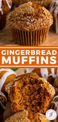 a muffin cut in half and topped with icing next to the words gingerbread muffins