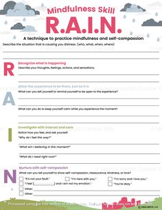 RAIN DBT Skill Worksheet – Mental Health Center Kids Calm Corner For Adults, Self Compassion Worksheet, Dbt Skills Worksheets Free Printable, Rain Technique, Practicing Acceptance, Self Awareness Worksheets, Compassion Affirmations, Thoughts Feelings Actions, Dbt Skills Worksheets