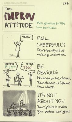 an open notebook with writing on it that says, the imppov attitude from dan kisin