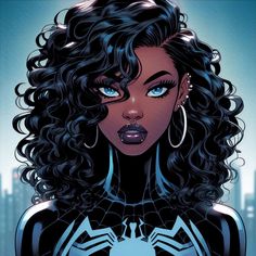 an illustration of a woman with blue eyes and black hair, wearing a spider - man costume