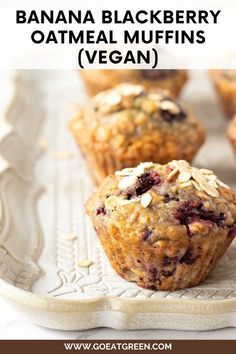 banana blackberry oatmeal muffins vegan on a plate with text overlay