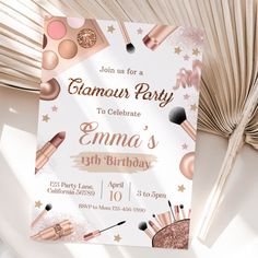 an image of a birthday party card with makeup items on the front and in the back