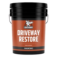 a gallon of liquid with the words driveway restore in white on an orange background