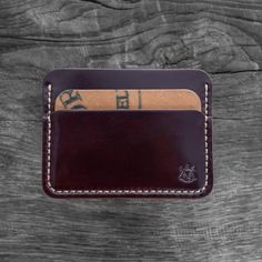 Minimalistic card holder made of Shell Cordovan Horween USA leather.    Leather varies ±1.5-1.8mm / 4-4.5oz thickness. Slim and compact card holder for your cards and paper money.   The cardholder measurements are 10.5x8cm / 4.13x3.15in ( you can hold US dollar bills folded once in middle slot)   There are 5 slots, 1 slot for notes and 4 for cards.    The edge have been carefully waxed, polished.   Card holder is stitched by hand with strong braided waxed polyester 0.8mm Ritza Tiger thread and i Dollar Bills, Leather Card Holder, Dollar Bill, Money Clip Wallet, All Craft, Paper Money, Card Holder Leather, Money Clip, Purse Wallet