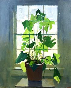 a painting of a potted plant in front of a window