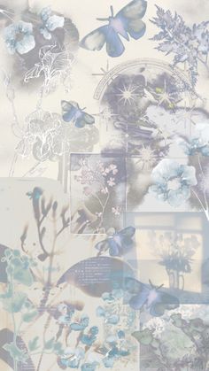 an abstract painting with flowers and plants on it's side, in shades of blue and white