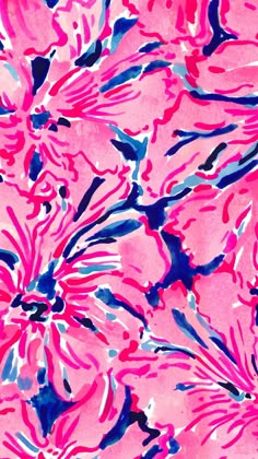 pink and blue flowers are painted in watercolor on a pink background with black spots