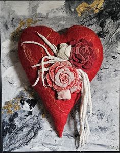 This is a mixed media picture of a heart, symbol of LOVE. The heart is decorated with white, red and pink roses also known as a flower of love.  The heart and the roses are wet felted from merino wool and silk fibers and the canvas is painted with acrylic. The picture has texture and 3D effect. Picture Of A Heart, Valentine Hearts Crafts, Felt Hearts Crafts, Valentine Ornaments, Heart Mixed Media, Flower Of Love, Heart Fabric, Lace Hearts, Sacred Hearts