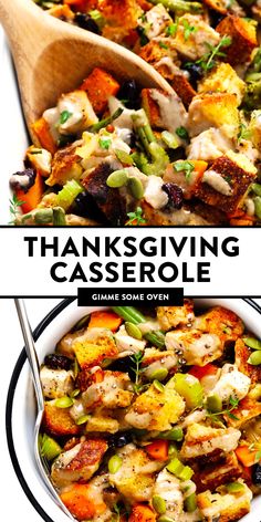 thanksgiving casserole with chicken and vegetables in a white bowl