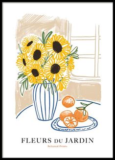 a drawing of sunflowers and oranges in a vase on a table next to a window