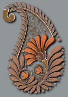 an intricately designed design with orange flowers and leaves on grey background, in the shape of a paisley