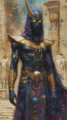 an egyptian man dressed in blue and gold, standing next to some steps with his hands on his hips