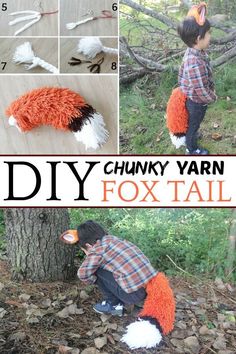 a collage of photos showing how to make a chunk yarn fox tail for a costume