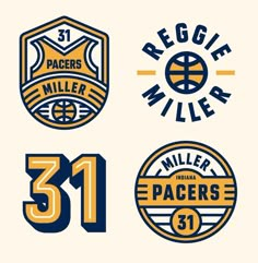 four different logos with the number 31 and three basketballs on them, all in yellow and blue