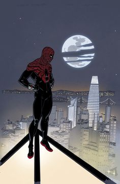 a spider man standing on top of a building looking at the moon in the sky