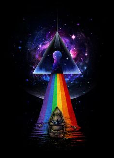 a boat floating on top of a body of water under a rainbow colored sky with stars