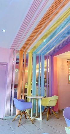 there are many chairs and tables in this room that is painted bright colors with different shades