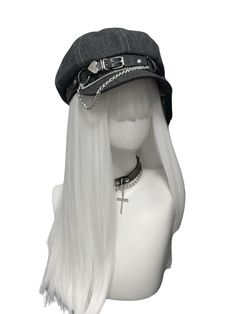 ❤︎Metal cool chain gray denim casket❤︎ Cool Eye Patch Design, Hat Accessories Drawing, Gray Cybercore, Visual Kei Accessories, Chain In Hair, Alt Hats, Hat With Chains, Alice Hat, Y2k Gadgets