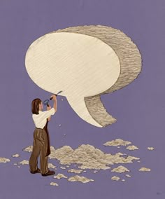 a man holding a paintbrush and painting the side of a giant speech bubble with clouds surrounding it