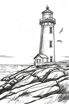 a black and white drawing of a lighthouse on the rocks by the ocean with seagulls flying around