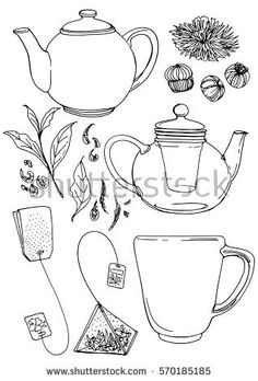 hand drawn tea set with cups, spoons and other items for the tea party