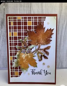 a thank you card with leaves on it