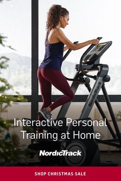 a woman running on an exercise bike with the words interactive personal training at home