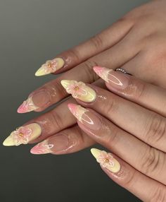 Almond Fairy Nails, Nail Inspiration Summer 2024 Almond, Jelly Flower Nails, Sculpted Flower Nails, Nail Inspiration Summer 2024, Apres Gel X Nails Design, Yellow Pink Nails, Hibiscus Flower Nails, Almond Summer Nails