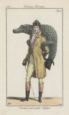 an illustration of a man with a crocodile on his back, in a coat and hat