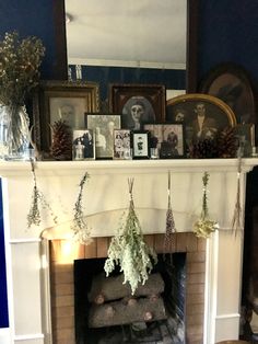 the fireplace is decorated with christmas greenery and other holiday decorating items, including pine cones