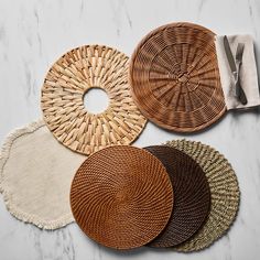 Dining Table Decor Placemats, Round Table With Placemats, Woven Placemats Table Setting, Place Mats Ideas Dining Rooms, Placemats Ideas Dining Rooms, Seagrass Placemats, Rattan Placemat, Dark Brown Table, Rattan Placemats